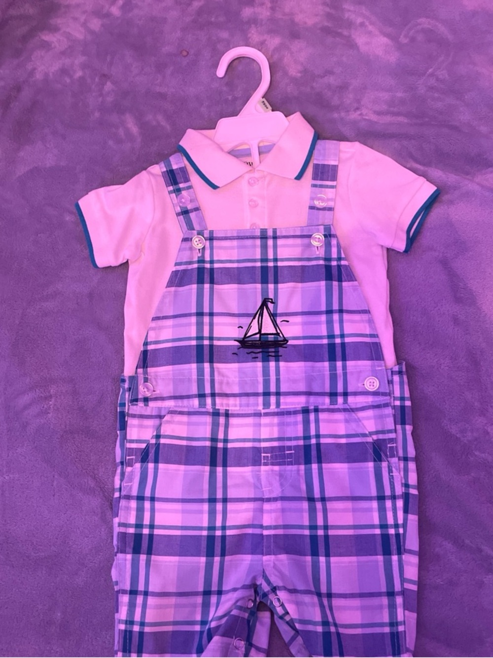 Classic Plaid Overalls & Polo Set - Blue/White Sailboat